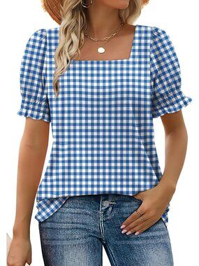 Women's Plaid Blue Square Neck Top Summer Casual Ruffle Trim Sleeve T Shirt